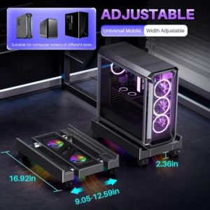 Adjustable Computer CPU Holder Telescopic Desktop Stand CPU Cart with RGB Cooler Fan and Light Under Desk Mobile PC Tower Stand